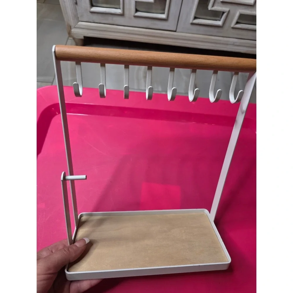 Modern White Metal and Wood Jewelry Stand Organizer‎ with 8 Hooks and Tray